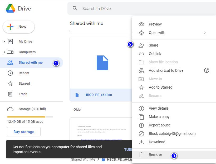 xoa file chia se google drive